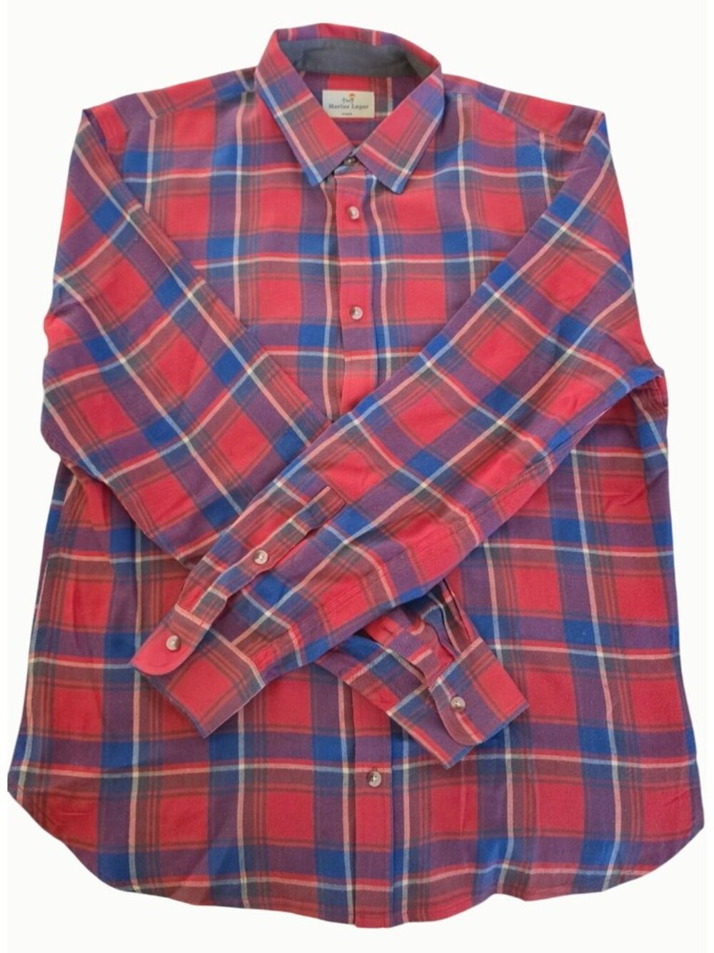 Marine Layer Red Blue Plaid Flannel Button Up Shirt Men's M Long Sleeve Soft
